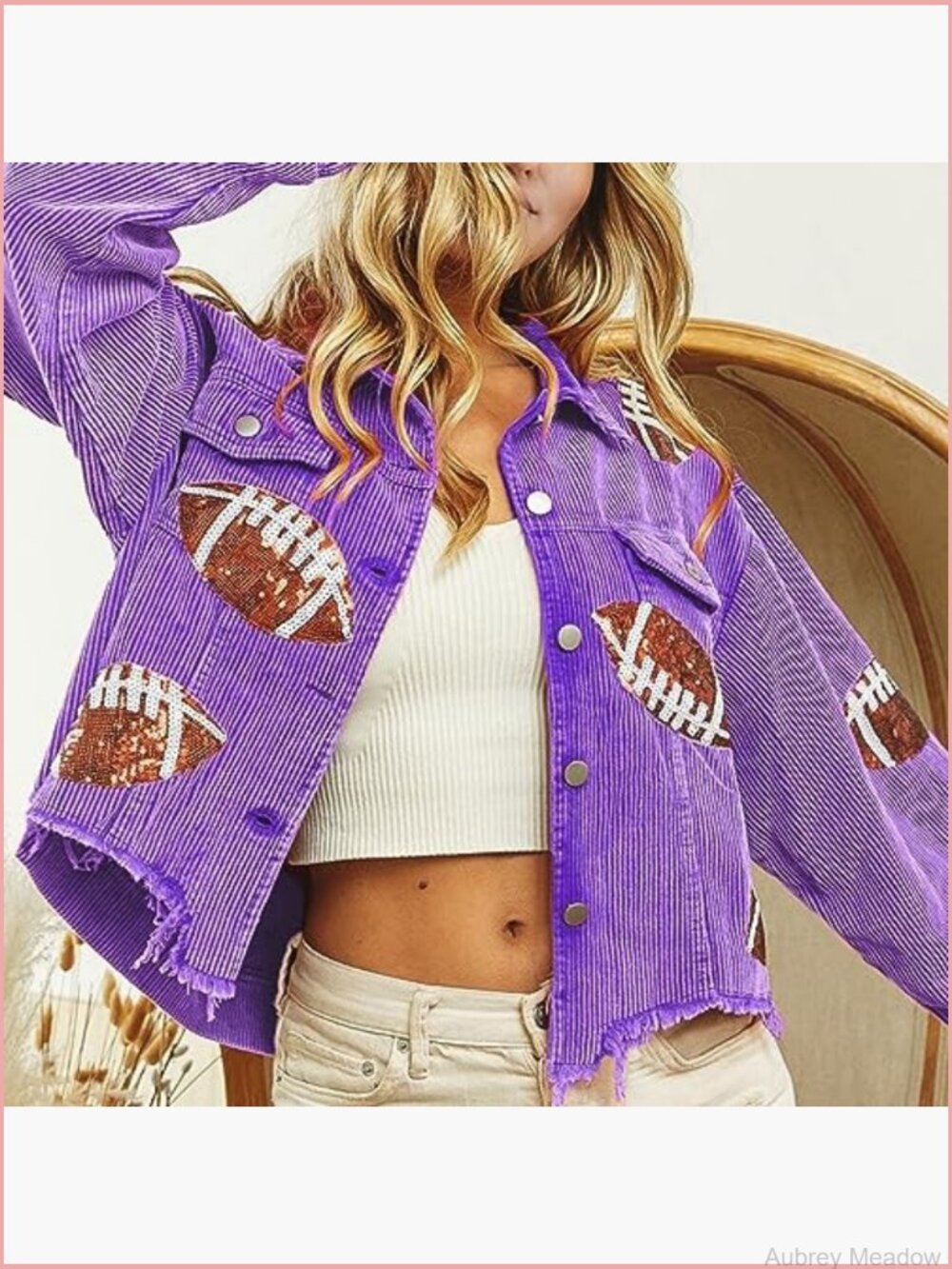 Cropped Corduroy Jacket Sequin Patch Button Down Raw Hem Coat - Picture 3 of 7